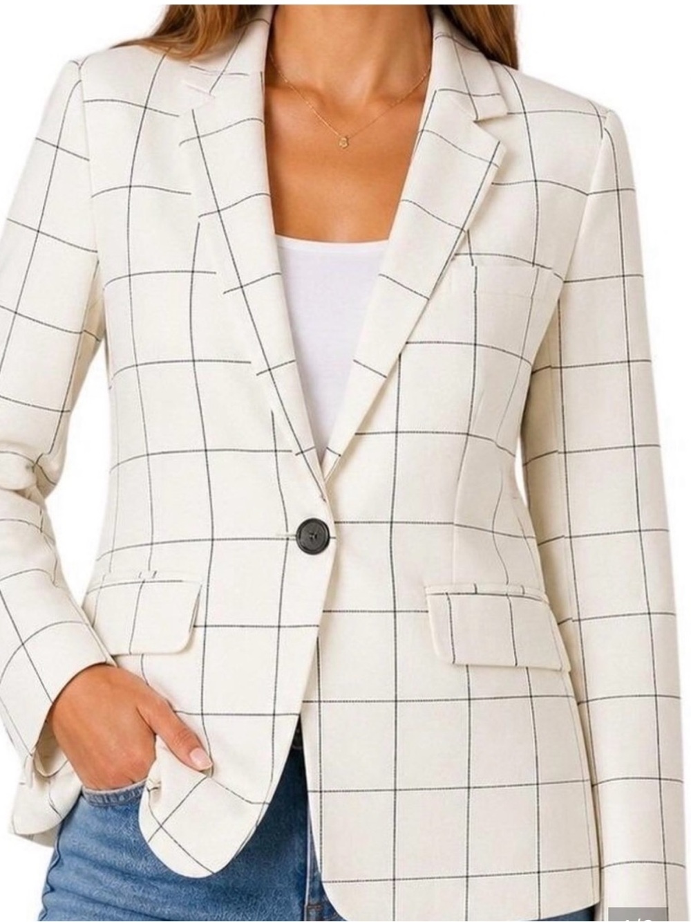 Veronica Beard Cream Blazer with Black Windowpane Grid